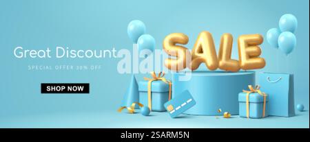 Großartiges Rabattverkauf Bannerdesign in 3D-Illustration auf blauem Hintergrund, Verkaufswortsballon auf Podium mit Kreditkarte, Einkaufstasche und Geschenkdesign-Elementen. Großartiges Werbebanner-Design für Rabatte Stock Vektor