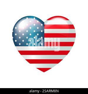 Vektorillustration mit amerikanischer Flagge im Herzen auf weißem Hintergrund. 4. Juli Unabhängigkeitstag der USA. US-amerikanische Hochglanztaste. Nationales patriotisches Emblem. Liebessymbol für das Land. EPS10 Stock Vektor