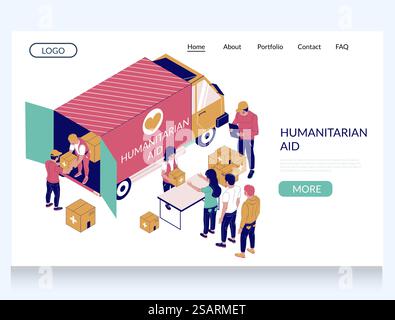 Vorlage für Vektor-Website für humanitäre Hilfe, Design der Landing-Page für Website- und mobile Website-Entwicklung. Freiwillige entladen den LKW für humanitäre Hilfe und geben Pappkartons an Leute, die in der Schlange stehen. Vorlage für die Landing-Page-Website des Vektors für humanitäre Hilfe Stock Vektor