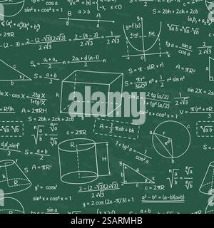 Mathematische, geometrische und physikalische Formeln nahtloses Muster. Doodle Mathematik oder Algebra Formel Zeichen Vektor Hintergrund Illustration. Handgezeichnete Schulbildungsformeln. Vortrag mit verschiedenen Aufgaben. Mathematische, geometrische und physikalische Formeln nahtloses Muster. Doodle Mathematik oder Algebra Formel Zeichen Vektor Hintergrund Illustration. Handgezeichnete Schulbildungsformeln Stock Vektor