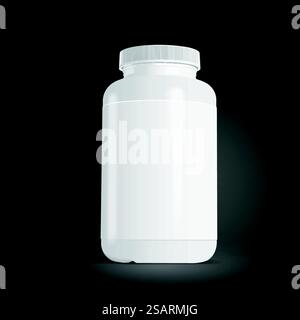 Leere Arzneimittelflasche mit Etikett isoliert auf schwarzem Hintergrund. 3D-Abbildung. . Leere Arzneimittelflasche Stock Vektor