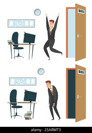 Zwei Angestellte, glückliche und traurige männliche Zeichentrickfiguren verlassen Boss Büro, Vektor flache Design Illustration. Unterschiedliche Emotionen, Bürosituationen, Karriere- und Gehaltswachstum, Misserfolg, Entlassung usw. Glückliche und traurige Angestellte, Vektor-Illustration Stock Vektor