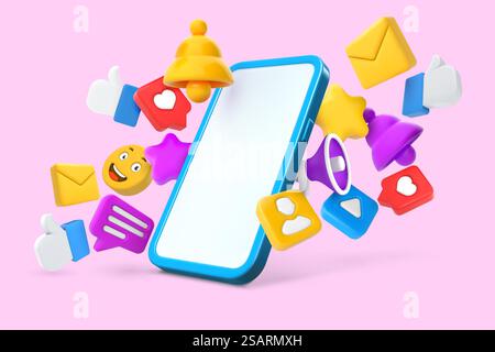 Smartphone-Mockup für soziale Medien. Online-Kommunikation, Bildschirm für Mobilgeräte mit 3D-Likes, Benachrichtigungen und Nachrichten Symbole Vektorillustration des Online-Modells des Smartphones. Smartphone-Mockup für soziale Medien. Online-Kommunikation, Bildschirm für Mobilgeräte mit 3D-Likes, Benachrichtigungen und Nachrichtensymbole Vektorillustration Stock Vektor