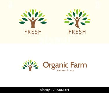 Mensch-Natur-Logo in minimalistischem Design, Konzept des grünen Lebens, gesunder Lebensstil und ökologischer Landbau. Logosatz für ökologische/biologische Produktion Stock Vektor