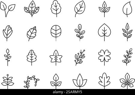 Symbol für Zeilenblätter. Veganes Blatt, ökologisches Pflanzenwachstum und frisches Bio-Vektor-Symbol-Set. Isoliertes natürliches Laub von verschiedenen Bäumen wie Ahorn, Birke und Eiche. Minimal umrissene Kräuterelemente. Symbol für Zeilenblätter. Veganes Blatt, ökologisches Pflanzenwachstum und frisches Bio-Vektor-Symbol-Set Stock Vektor