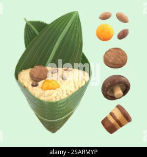Isolierte 3D-Elemente von Zongzi Stuffing für das Duanwu Festival. Zutaten sind Erdnüsse, gesalzenes Eigelb, Kastanie, Shiitake, Schweinebauch, und einen ausgepackten Reisknödel. 3D-Elemente von Zongzi-Inhaltsstoffen Stock Vektor