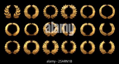 Goldener 3D-Lorbeerkranz. Goldweizen Zierborten, runder heraldischer Rahmen und Premium-Kreiszweig mit Blättern Vektor-Set. Gewinner von Auszeichnungen bei Filmfestivals oder Wettbewerben, isoliert im Dunkeln. Goldener 3D-Lorbeerkranz. Goldweizen Zierborten, runder heraldischer Rahmen und Premium-Kreiszweig mit Blättern Vektor-Set Stock Vektor