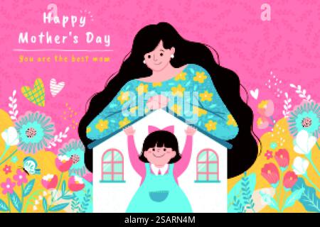 Illustration zum Muttertag in warmem handgezeichnetem Stil. Die Frau kümmert sich um ihr Haus und ihre Tochter. Niedliche Grußkarte zum Muttertag Stock Vektor