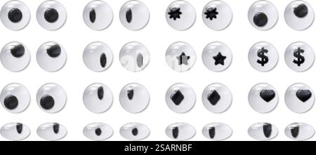 Googly Eyes. Plastikauge, selbstklebende lustige Spielzeugpuppe beweglicher Augapfel und alberner Narr sehen realistische 3D isolierte Vektor-Set aus. Ein Paar Augapfel mit Herzen, Sternen, Rauten und Dollarzeichen für Marionetten. Googly Eyes. Plastikauge, selbstklebende lustige Spielzeugpuppe beweglicher Augapfel und alberner Narr sehen realistische 3D isolierte Vektor-Set aus Stock Vektor