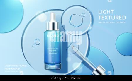 Kosmetische Produktanzeige mit transparenten Kreisscheiben, Konzept von Licht strukturiertem und feuchtigkeitsspendendem Gesichtsserum, 3D-Illustration. Anzeigenvorlage für Hautpflegeprodukte Stock Vektor