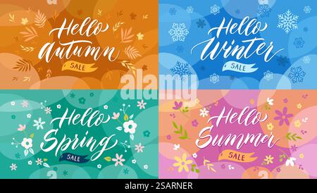 Banner für Saisonverkauf. Herbst-Promo, Hallo Winter-Label, Frühling-Schriftzug und Sommer-Verkaufs-Tag-Vektor-Satz von Rabatt-Promo-Marketing-Verkauf-Illustration. Banner für Saisonverkauf. Herbst-Promo, Hallo Winter-Label, Frühlingsbeschriftung und Sommer-Verkaufs-Tag-Vektor-Set Stock Vektor