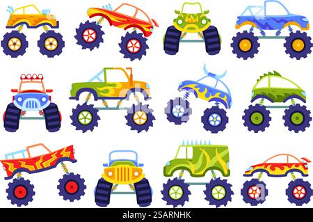 Cartoon Monster Trucks. Kinderautos mit großen Rädern, extremen Rennwagen und schweren Fahrzeugen Vektor-Illustration Set. Transport von Spielzeug mit großen Reifen für Kinder. Kraftmotoren kindliche Autos. Cartoon Monster Trucks. Kinderautos mit großen Rädern, extremen Rennwagen und schweren Fahrzeugen Vektor-Illustration Set Stock Vektor