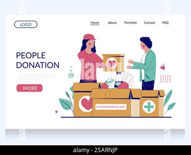 Vektor-Website-Vorlage für People-Spenden, Design der Landing-Page für Website- und mobile Website-Entwicklung. Humanitäre Hilfe, Nahrungsmittelspende für arme Menschen, Freiwilligenarbeit. Vorlage für die Landing-Page-Website für Vektor-Vektoren für Personen Stock Vektor