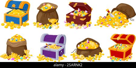 Holzkisten mit Zeichentrickfilmen, Stofftaschen mit goldenen Schätzen und Edelsteinen. Piratenschatz aus Gold, Stamm mit goldenen Münzen Vektor-Illustration Set. Goldschätze Piraten, Sack mit Münzen Luxus. Holzkisten mit Zeichentrickfilmen, Stofftaschen mit goldenen Schätzen und Edelsteinen. Piratenschatz aus Gold, Stamm voller goldener Münzen Vektor-Illustration Set. Goldschätze Stock Vektor