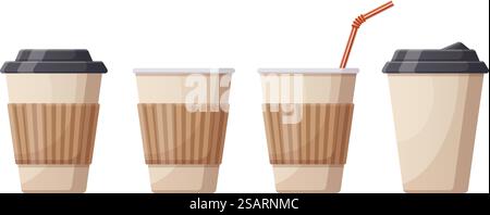 Kaffee, Heißgetränk, Pappbecher. Cafe, Restaurant oder nehmen Sie Kaffee Plastiktassen, Einweg-Kunststoff heiße Getränke Kaffee Tasse Vektor Illustration. Kaffeetasse aus Papier. Set aus heißem Getränk in der Tasse, Kaffee-Espresso. Kaffee, Heißgetränk, Pappbecher. Cafe, Restaurant oder nehmen Sie Kaffee Plastiktassen, Einweg-Kunststoff heiße Getränke Kaffee Tasse Vektor Illustration. Kaffeetassen aus Papier Stock Vektor