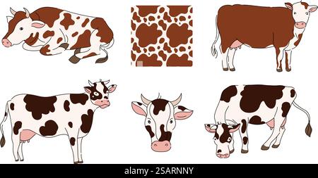 Zeichentrickkühe. Tier von Milchfarm, liegendes und stehendes Vieh mit Textur von Kuhflecken Muster Vektor-Illustration Set. Gepunktetes Kalb mit nahtlosen schwarzen oder braunen Flecken, wilde Zeichen. Zeichentrickkühe. Tier von Milchfarm, liegendes und stehendes Vieh mit Textur von Kuhflecken Muster Vektor-Illustration Set Stock Vektor