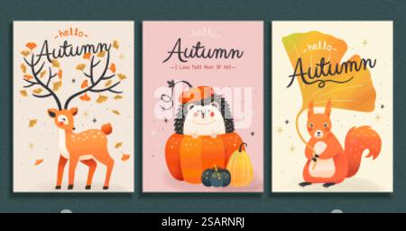 Sammlung von niedlichen Illustrationen von Waldtieren im trendigen handgezeichneten Stil. Herbstillustration Waldtiere Stock Vektor
