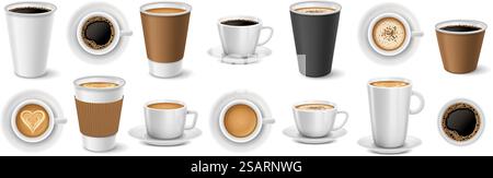 Realistische Kaffeetassen. Coffee Shop Papier und Keramikbecher Mockups, Cappuccino zum Mitnehmen, Latte und Espresso 3D Vektor Illustration Set. Tassen mit heißen Getränken, isoliertes Getränk im Café. Realistische Kaffeetassen. Coffee Shop Papier und Keramikbecher Mockups, Cappuccino zum Mitnehmen, Latte und Espresso 3D Vektor Illustration Set Stock Vektor