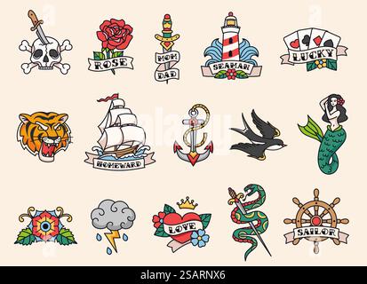 Sailor Tattoo Designs. Altmodische Tätowierungen, traditionelle amerikanische Farbtattoos mit kräftigen schwarzen Linien. Handgezeichneter Vektor-Illustrationssatz. Bunte Aufkleber wie Meerjungfrau, Rose und Leuchtturm. Sailor Tattoo Designs. Altmodische Tätowierungen, traditionelle amerikanische Farbtattoos mit kräftigen schwarzen Linien. Handgezeichneter Vektor-Illustrationssatz Stock Vektor