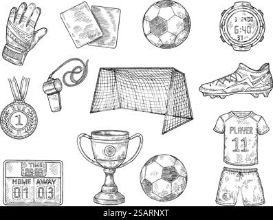 Skizzieren Sie Fußballelemente. Hand gezeichneter Fußball, Sportuniform, Meisterschaftschalen und Fußballtor Vektor-Illustration Satz Sport Fußball Kritzelei, Spielball. Skizzieren Sie Fußballelemente. Hand gezeichneter Fußball, Sportuniform, Meisterschaftschalen und Fußballtor Vektor-Illustration Set Stock Vektor