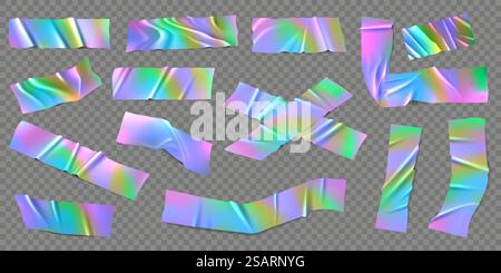 Holographisches Folienband. Realistische irisierende regenbogenfarbene Klebebänder, Holo Patch dekorative Stücke Vektor-Set. Glänzender Metallic-Effekt mit faltiger Textur, klebrige Elemente für Scrapbooking. Holographisches Folienband. Realistische irisierende regenbogenfarbene Klebebänder, Holo Patch dekorative Stücke Vektor-Set Stock Vektor