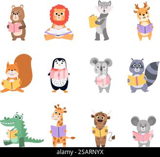 Tierfiguren lesen, Bär, Löwe und Wolf Bücher lesen. Tierkinder lernen, Bücher zu lesen Vektor-Illustration Set. Intelligente Tiere, die zusammen lesen. Eichhörnchen, Pinguin mit Märchen. Tierfiguren lesen, Bär, Löwe und Wolf Bücher lesen. Tierkinder lernen, Bücher zu lesen Vektor-Illustration Set. Intelligente Tiere, die zusammen lesen Stock Vektor