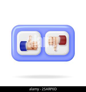 3D Daumen hoch und Daumen runter Handgesten Taste isoliert. Handsymbole „gefällt mir“ und „gefällt mir nicht“ rendern. Symbole für Kundenbewertung oder Abstimmung. Zeichentrickfinger-Gesten. Vektorabbildung. 3D Daumen hoch und Daumen runter Handgesten Stock Vektor
