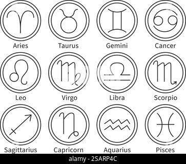 Zodiac-Zeichen. Horoskop Astrologie Symbole, minimalistische Linie Kunst astrologische spirituelle Icons Vektor Set. Minimalistische isolierte Sammlung wie Arien, Taurus, leo und gemini, Virgo, skorpio und libra. Zodiac-Zeichen. Horoskop Astrologie Symbole, minimalistische Linie Kunst astrologische spirituelle Icons Vektor Set Stock Vektor