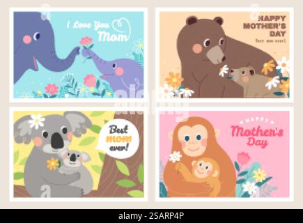 Schöne Tiere feiern den Muttertag. Kinder von Elefanten, Bären, Koalas und Affen liefern ihren Müttern Blumen. Abbildung flach gestaltet. Niedliche Tiere feiern den Muttertag Stock Vektor