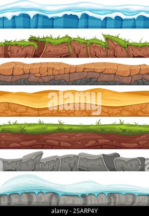 Cartoon nahtlose Grundierung. Spielhintergrund Assets der Felsen Way Textur, schneebedeckten Land, Wüstensand und grünen Wiesen Landschaft Vektor-Illustration Set. Geologische Schichtstruktur im Freien. Cartoon nahtlose Grundierung. Spielhintergrund Assets der Felsen Way Textur, schneebedeckten Land, Wüstensand und grünen Wiesen Landschaft Vektor-Illustration Set. Stock Vektor