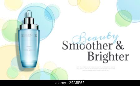 3D-Illustration der Anzeige für Schönheitsprodukte, Draufsicht von runden Scheiben und realistischer Tropfflasche, einfaches Hautpflegekonzept. Anzeigenvorlage für Schönheitsprodukte Stock Vektor