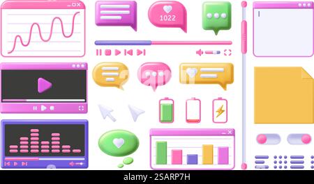 3D-Elemente konstruieren. Videoplayer-Fenster, Notizen und Text-Editor-App. Bildlaufleiste, UI-Schaltflächen und Office-Diagrammdiagramme Vektorsatz der Interface-Player-Illustration. 3D-Elemente konstruieren. Videoplayer-Fenster, Notizen und Text-Editor-App. Bildlaufleiste, UI-Schaltflächen und Vektorsatz für Office-Diagramme Stock Vektor