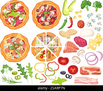 Pizzadesigner. Zutaten zum Kochen, geschnittenes Gemüse und Top View Pizzen Cartoon Vektor Set. Abbildung eines Pizza-Kochrestaurants. Pizzadesigner. Zutaten zum Kochen, geschnittenes Gemüse und Top View Pizzen Cartoon Vektor Set Stock Vektor