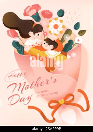 Niedliche und warme Illustration zum Muttertag. Mutter umarmt ihr Kind in einem großen Blumenstrauß. Mutterschaftsbegriff. Niedliche und warme Muttertagskarte Stock Vektor