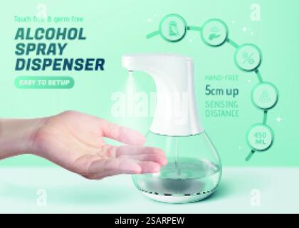 3D-Anzeigenvorlage für berührungsfreien Alkoholsprühspender. Realistische Hand unter automatischem Händedesinfektionsmittel-Modell mit Vorteilen in fünf Kreisen auf blauem Hintergrund. Werbebanner für berührungsfreies Handdesinfektionsmittel Stock Vektor