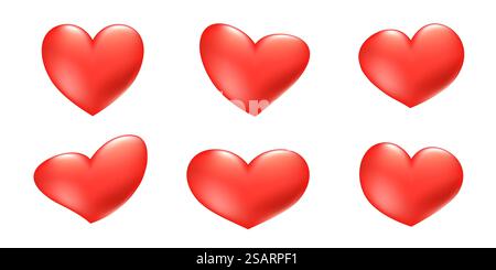 Set aus roten Herzen in verschiedenen Formen für Valentinstag-Karte. Handgezeichneter Stil. Vektorillustration isoliert auf weißem Hintergrund Stock Vektor