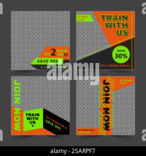 Bearbeitbare Bannervorlage für Social-Media-Posts des Fitnessclubs, Satz bearbeitbarer quadratischer Illustrationen, geeignet für Social-Media-Posts und Webwerbung im Fitnessstudio. Social-Media-Werbespots für Fitnessklubs Stock Vektor