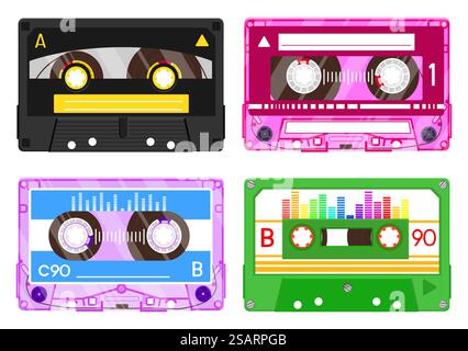 Tonaufnahmen, Retro-Musik der 90er Jahre. Bunte Kunststoffkassette mit Musikmix. Alte Aufnahmetechnik, 80er-Jahre-Geräte zum Musikhören. Altmodische bunte Objekte isolierter Vektorsatz. Tonaufnahmen, Retro-Musik der 90er Jahre. Plastikkassette mit Musikmix. Alte Aufnahmetechnik, 80er-Jahre-Ausrüstung Stock Vektor