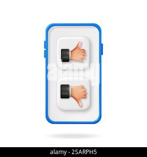 3D Daumen hoch und Daumen runter Handgesten in Mobiltelefon isoliert. „Gefällt mir“- und „gefällt mir nicht“-Handsymbole auf dem Bildschirm rendern. Symbole für Kundenbewertung oder Abstimmung. Zeichentrickfinger-Gesten. Vektorabbildung. 3D Daumen hoch und Daumen runter Gesten im Telefon Stock Vektor