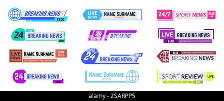 TV-Nachrichtenbalken, aktuelle Nachrichten und Vorlagen für Sportrezensionen in verschiedenen Farben für verschiedene Sender. Expertennamen und Nachnamen, Schlagzeilen-Informationen. Live-Programme im Fernsehen isolierte Vektorset. TV-Nachrichtenbalken, aktuelle Nachrichten und Vorlagen für Sportrezensionen in verschiedenen Farben für verschiedene Sender. Vornamen und Nachnamen von Experten Stock Vektor
