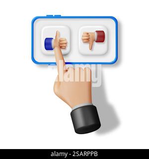 3D Daumen hoch und Daumen runter Handgesten in Mobiltelefon isoliert. „Gefällt mir“- und „gefällt mir nicht“-Handsymbole auf dem Bildschirm rendern. Symbole für Kundenbewertung oder Abstimmung. Zeichentrickfinger-Gesten. Vektorabbildung. 3D Daumen hoch und Daumen runter Gesten im Telefon Stock Vektor