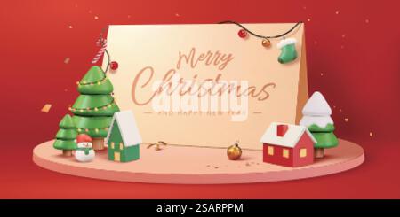 3D Weihnachtsfahne mit Frohe Weihnachtskarte, Weihnachtsbaum, Schneemann und kleines Dorf auf der runden Bühne. 3D-Grußkarte zu Weihnachten Stock Vektor