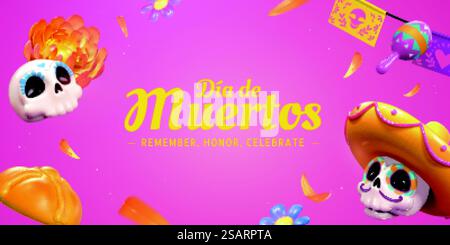 3D-Illustration von Tag der Toten oder Dia de los muertos. Komposition von fliegendem Skelett mit Sombrero-Hut, Ringelblumen und Papelpicado. 3. Tag der Toten Banner Stock Vektor