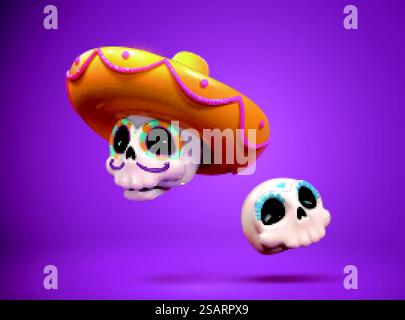 3D Zuckerschädel mit bunten Mustern. Einer trägt mexikanischen Sombrebo-Hut und einer ohne. Niedliche DIA de muertos Elemente isoliert auf lila Hintergrund. 3D Zuckerschädel für den Tag der Toten Stock Vektor