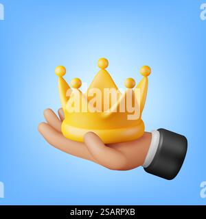 3D Goldkrone in der Hand isoliert. Goldenes Krone-Emoji-Symbol Rendern. Emoticon für VIP, Rich, Gewinner Luxury Premium Success. Kundenfeedback, Bewertung oder Statuszeichen. Realistische Vektordarstellung. 3D Goldkrone in der Hand isoliert. Stock Vektor