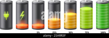 Animation der Akkuladeanzeige. Wiederaufladbare Batterien Ladeprozessstufen, Ladegerät-Symbol und Akkumulator-Kapazitätsskala Vektorsatz anschließen. Technologie, die Energie auf unterschiedlichem Niveau nachfüllt. Animation der Akkuladeanzeige. Wiederaufladbare Batterien Ladeprozessstufen, Ladegerät-Symbol und Akkumulator-Kapazitätsskala Vektorsatz anschließen Stock Vektor