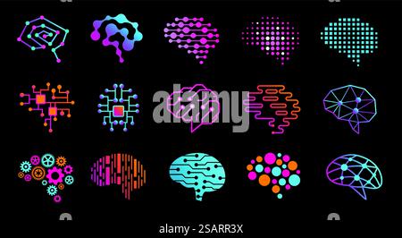Menschliches Gehirn. Innovation Thinking Emblem, künstliche Intelligenz, neuronale Engine und Mind Research Vektor-Icons Satz von Gehirn-Icons, Idee menschliche Innovation Illustration. Menschliches Gehirn. Symbol für Innovation Thinking, künstliche Intelligenz, neuronale Engine und Vektorsymbole für die Geistesforschung Stock Vektor