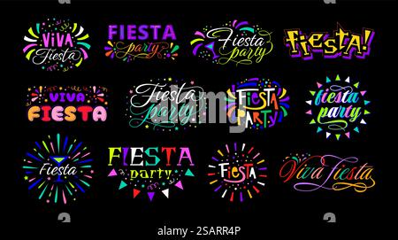 Viva fiesta Party Schriftzug. Emblem der Weihnachtsfeier in mexikanischer, lateinischer und spanischer Tradition. Dekorative Event-Abzeichen Vektor-Set. Karneval, Festivalankündigung mit Konfetti und Salut. Viva fiesta Party Schriftzug. Emblem der Weihnachtsfeier in mexikanischer, lateinischer und spanischer Tradition. Dekorative Event-Abzeichen Vektor-Set Stock Vektor