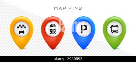 Pin-Satz zuordnen. Kartenzeiger für Parkplatz, Taxi, Bus- und Straßenbahnstation. Kartenmarken für gps-Punkt. Vektorsymbole auf transparentem Hintergrund isoliert Stock Vektor