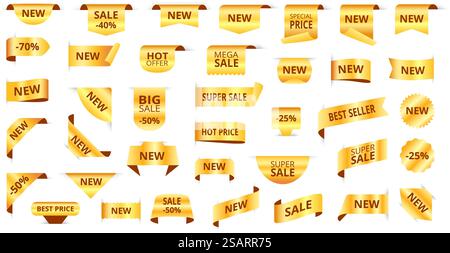 Goldene Tags. Neue Etikettenbänder, Goldaufkleber und Rabattabzeichen. Werbeangebot Banner Vektor-Paket mit Band Gold-Label zum Verkauf und zur Promotion. Goldene Tags. Neue Etikettenbänder, Goldaufkleber und Rabattabzeichen. Werbeangebot Banner Vector Bundle Stock Vektor